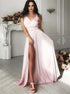 A Line V Neck Split Satin Pink Prom Dresses LBQ3731